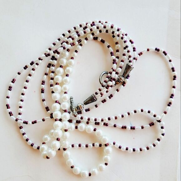 Vintage Metallic Rose and ivory 3-Strand Bead Handmade  Necklaces. - Picture 1 of 12